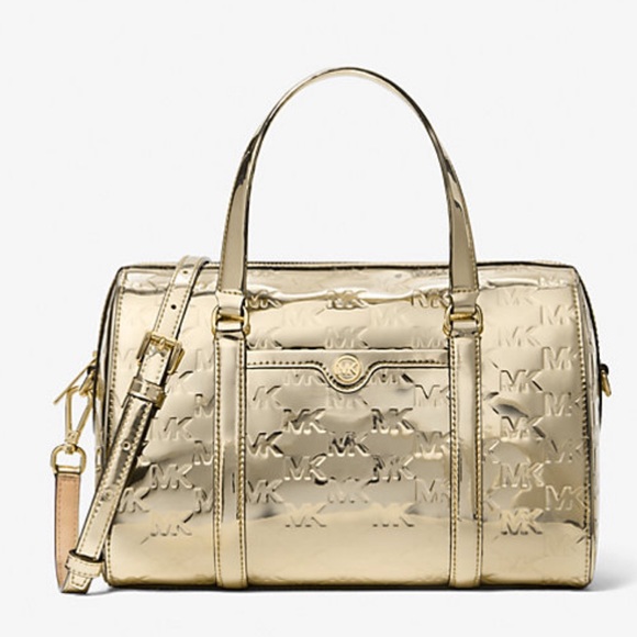 MICHAEL KORS Jet Set Medium Metallic Logo Debossed Satchel
Pale Gold 
NWT - Picture 7 of 16